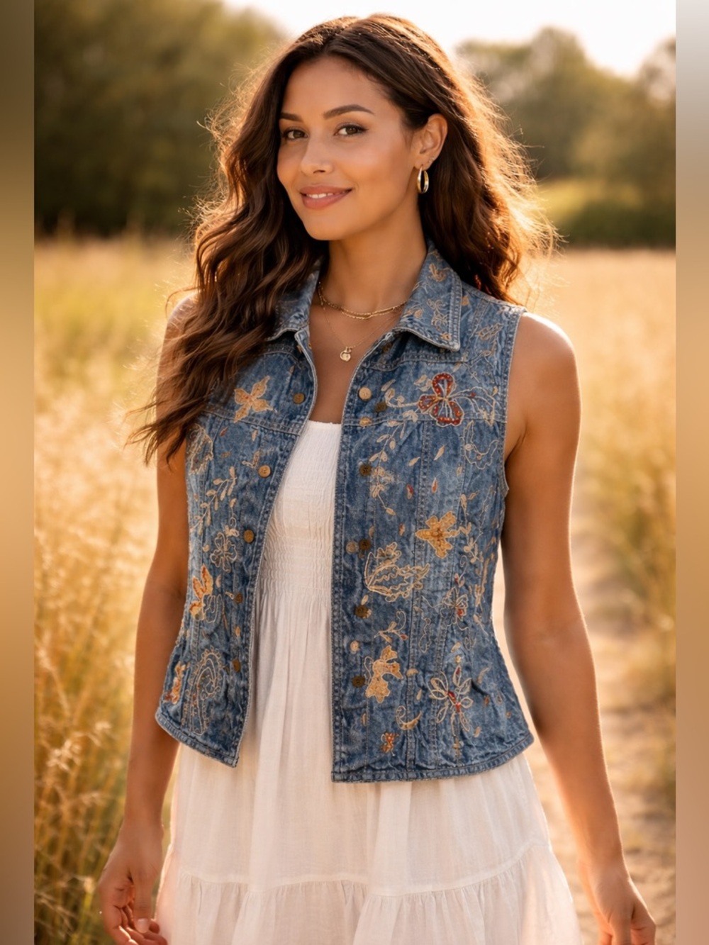 Chico's Blue Denim Vest with Colorful Embroidery and Beading